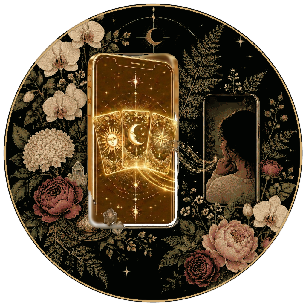 Garden blooms surround two phones connected in a live tarot exchange